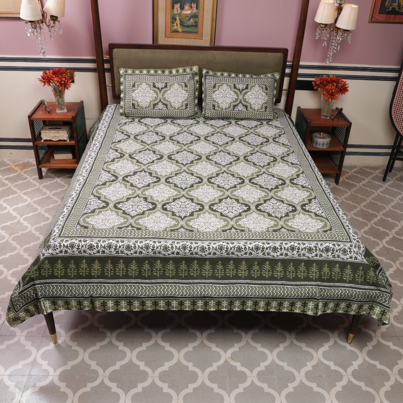 Cotton Queen Size Bedsheet Dark Green Floral Print