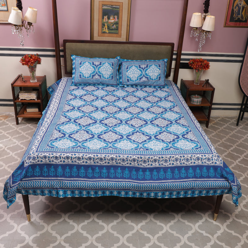 Cotton Queen Size Bedsheet Dark Blue Floral Print