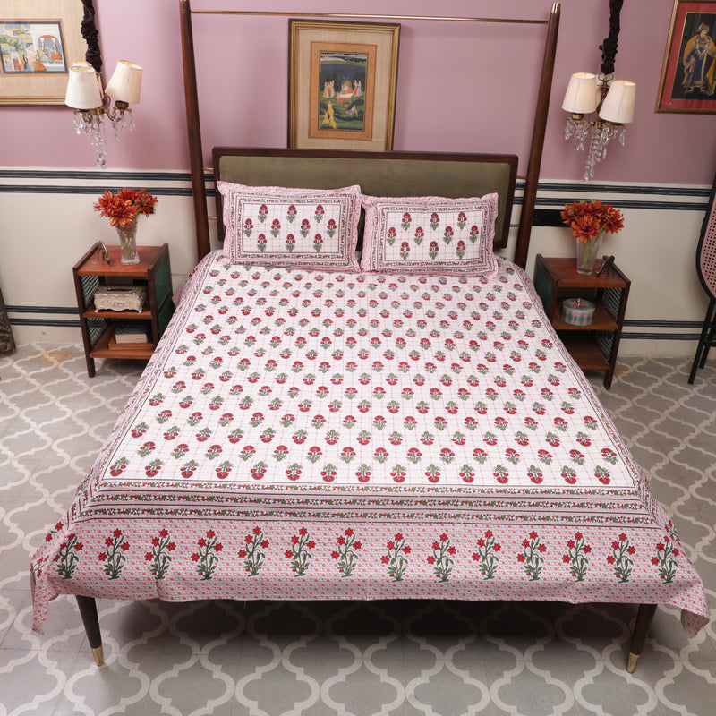 Cotton Queen Size Bedsheet Red Floral Buti