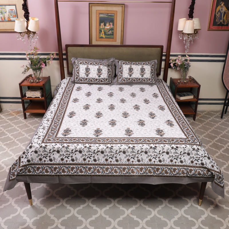 Mustard Yellow-Grey Cotton Queen Size Bedsheet-