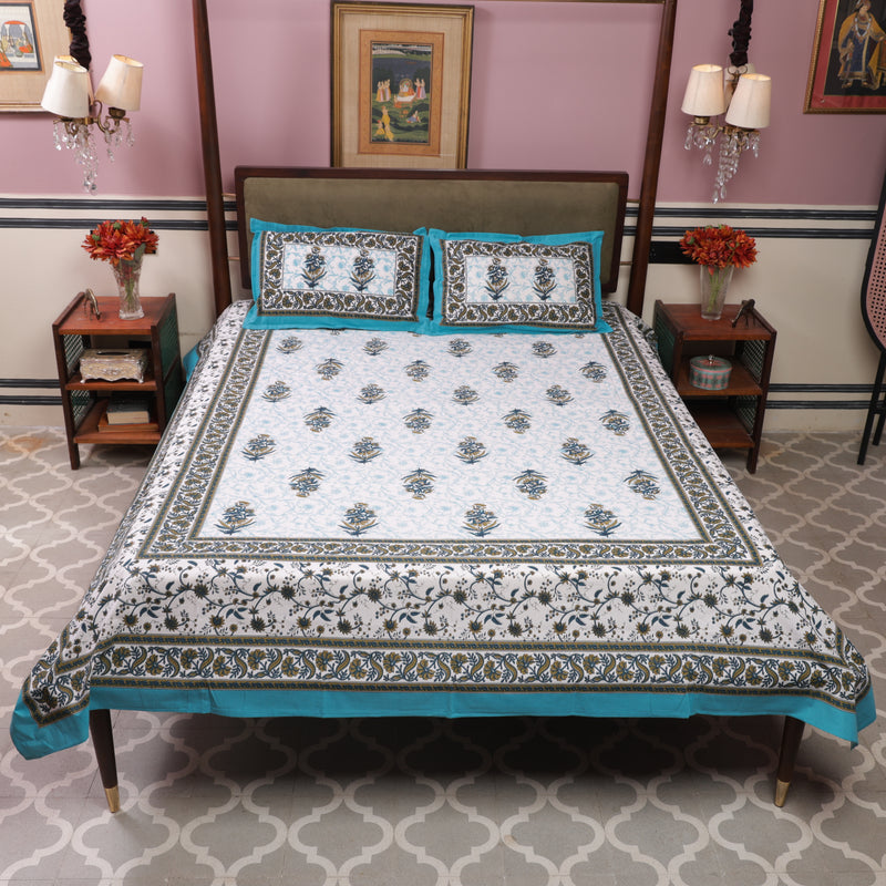 Mustard Yellow-Blue Cotton Queen Size Bedsheet