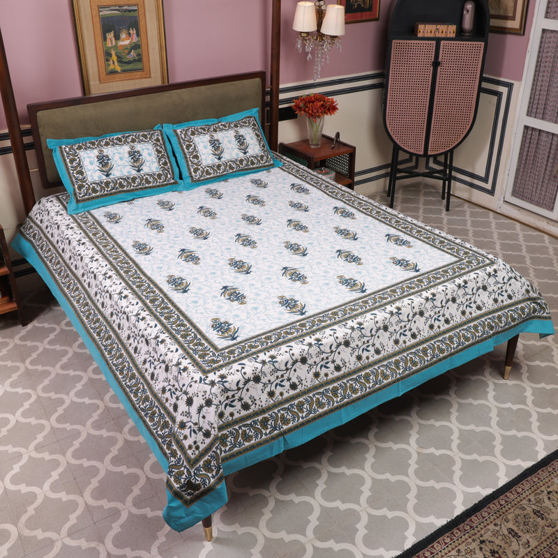 Mustard Yellow-Blue Cotton Queen Size Bedsheet 2