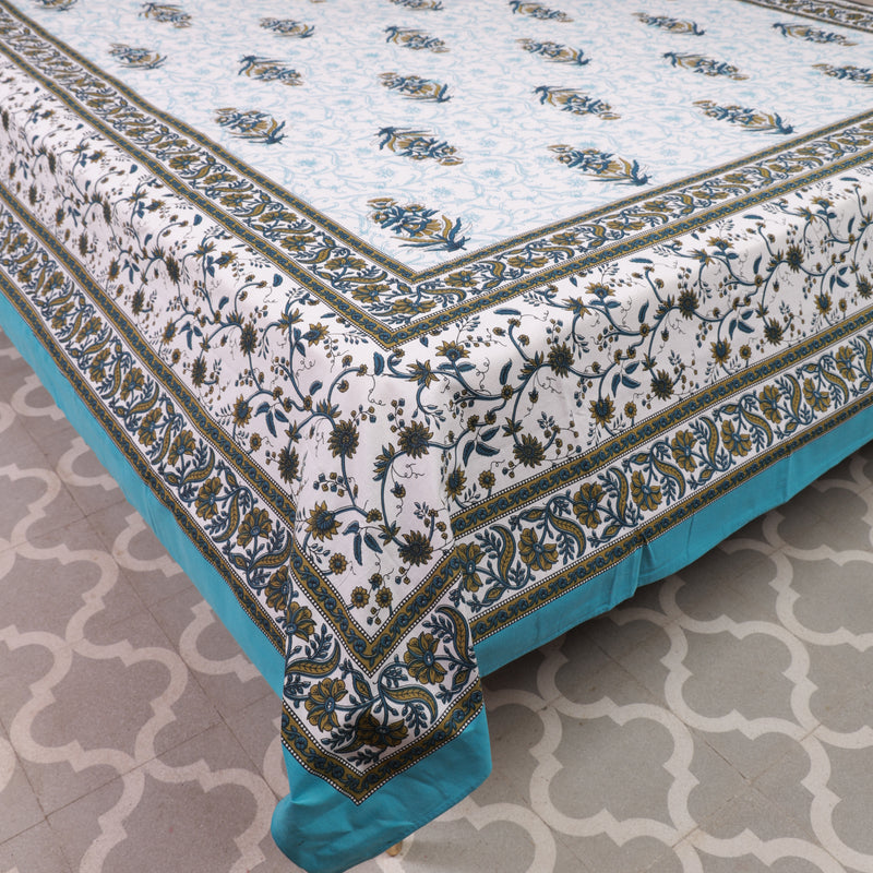 Mustard Yellow-Blue Cotton Queen Size Bedsheet 3