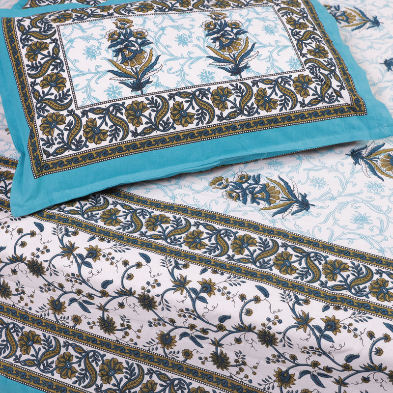 Mustard Yellow-Blue Cotton Queen Size Bedsheet 1