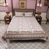 Cotton Queen Size Bedsheet Orange-Grey Floral Jaal 
