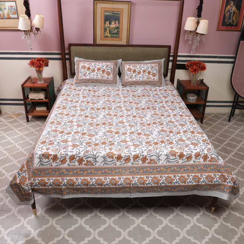 Cotton Queen Size Bedsheet Orange-Grey Floral Jaal 