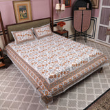 Cotton Queen Size Bedsheet Orange-Grey Floral Jaal 3