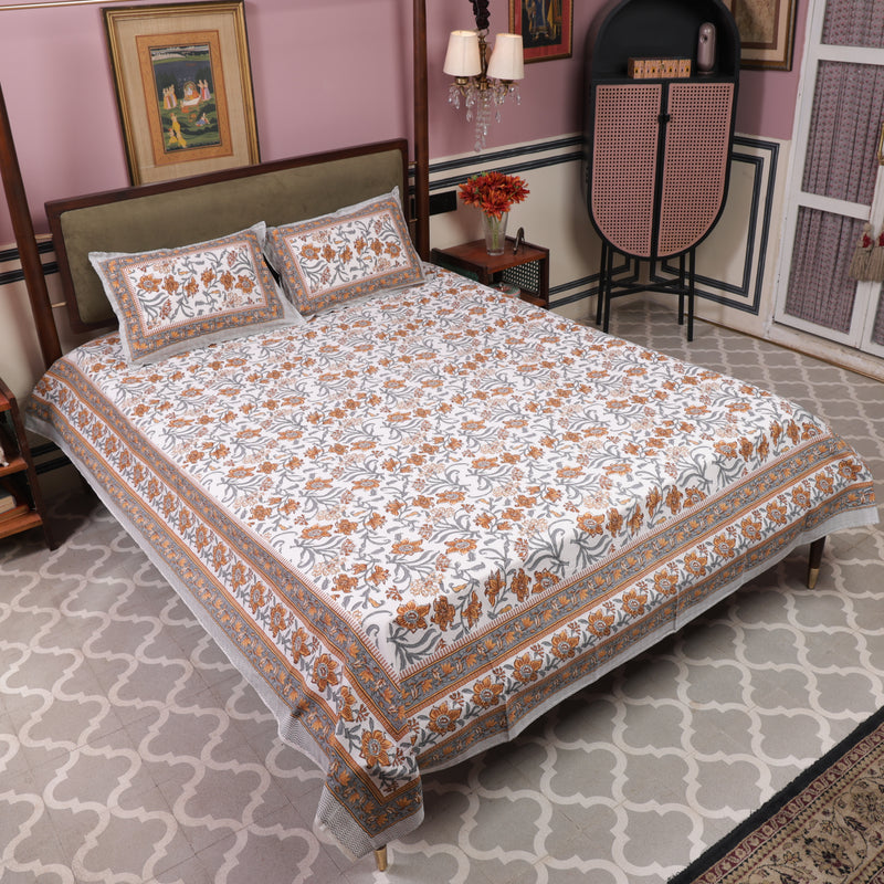 Cotton Queen Size Bedsheet Orange-Grey Floral Jaal 3