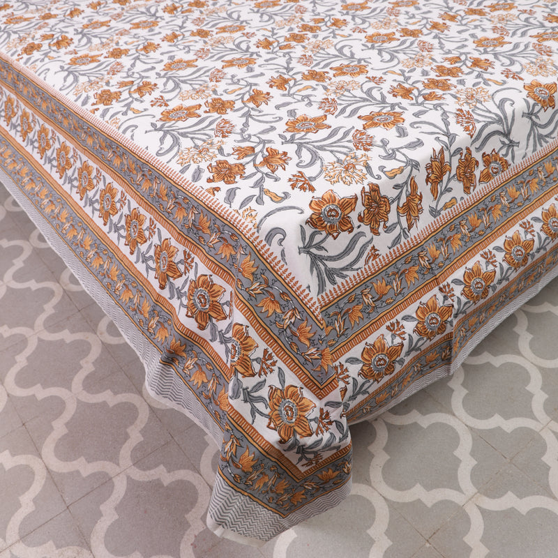 Cotton Queen Size Bedsheet Orange-Grey Floral Jaal 2
