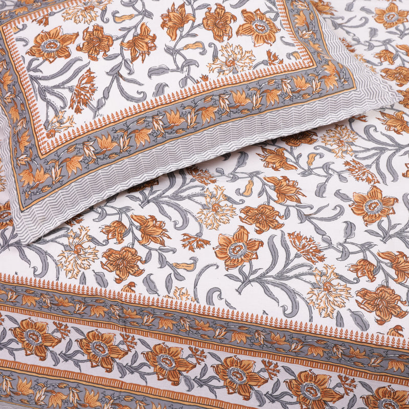 Cotton Queen Size Bedsheet Orange-Grey Floral Jaal 1