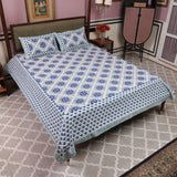 Cotton Queen Size Bedsheet Lapis Blue Palmette Print 2