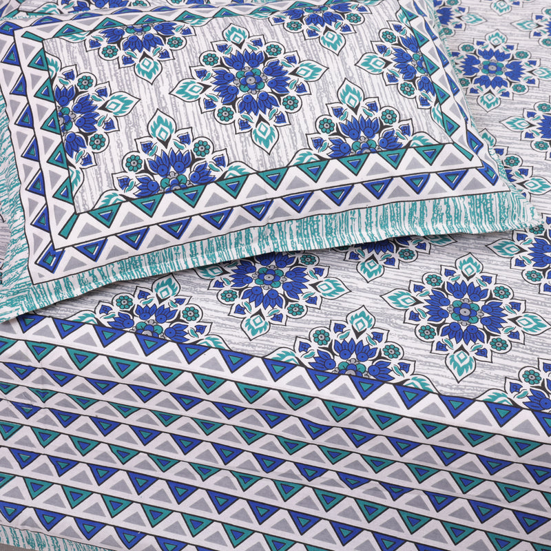 Cotton Queen Size Bedsheet Lapis Blue Palmette Print 1