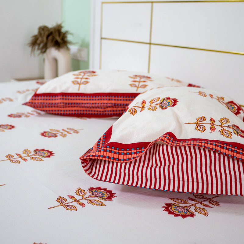 Cotton Double Bedsheet White Red Floral Buta Block Print