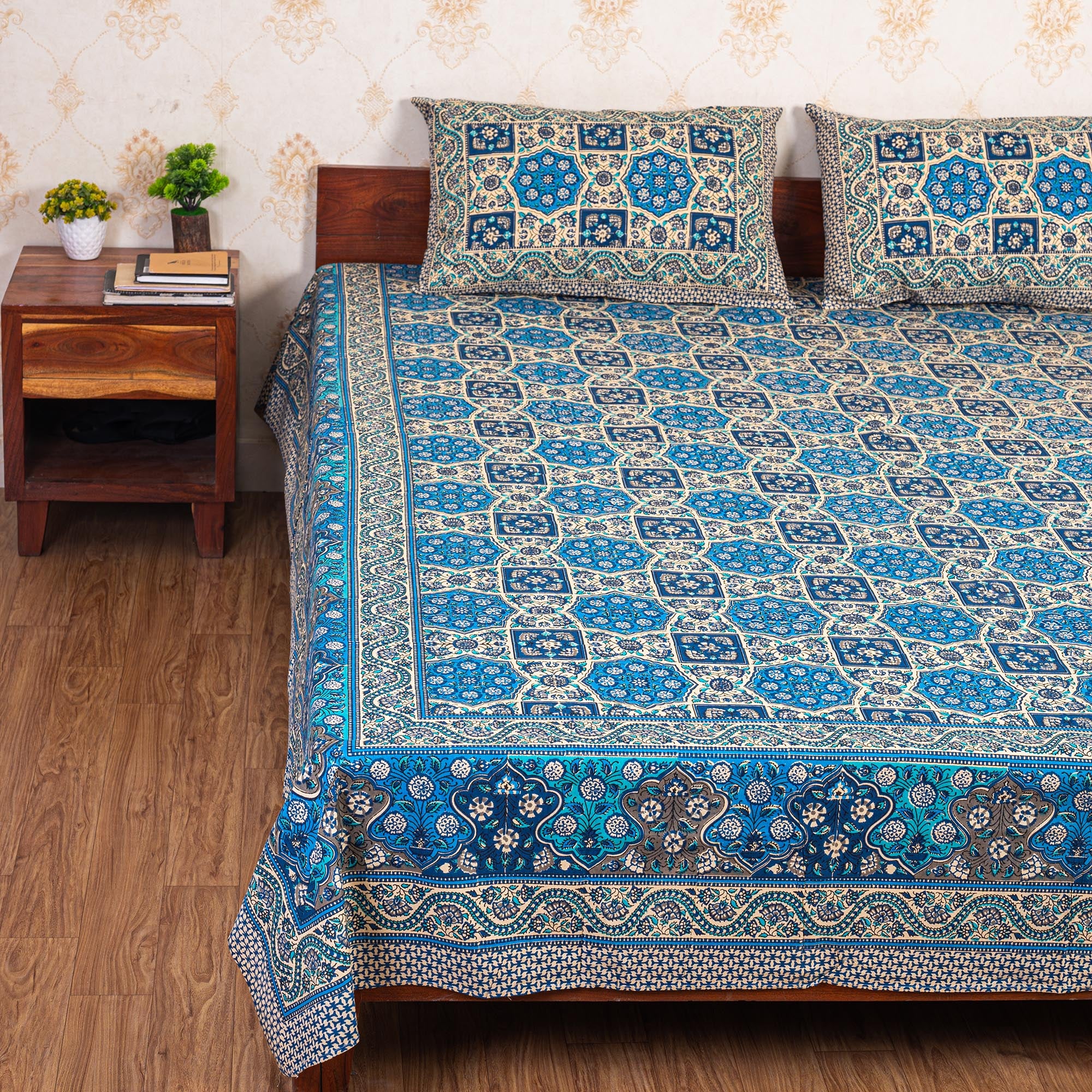 Cotton Queen Size Bedsheet - Blue Paisley booti