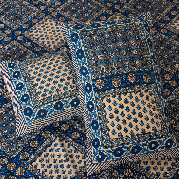 Cotton Queen Size bedsheet - Blue Floral Checker