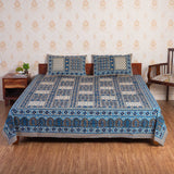 Cotton Queen Size bedsheet - Blue Floral Checker