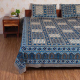 Cotton Queen Size bedsheet - Blue Floral Checker