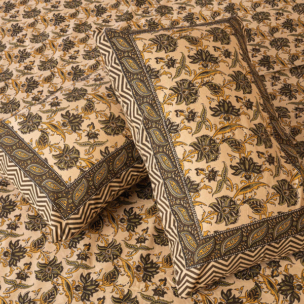 Cotton Queen Size Bedsheet - Dark Green Floral Jaal