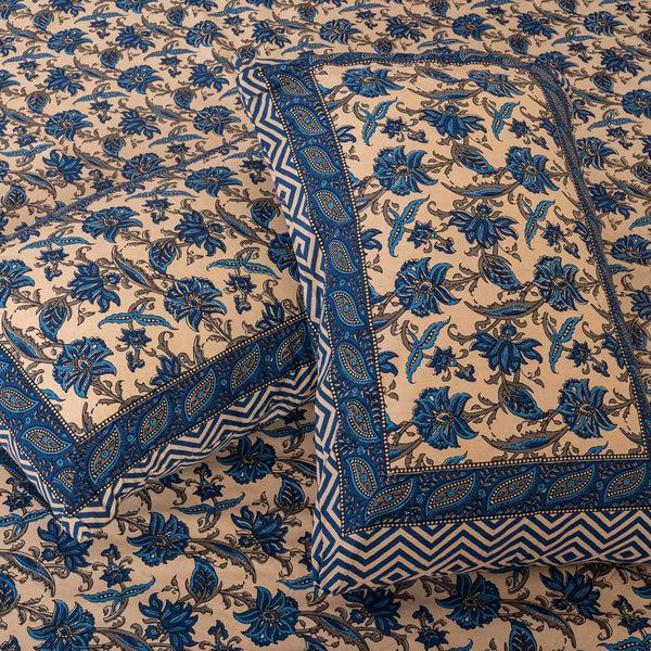 Cotton Queen Size Bedsheet - Electric Blue Floral Jaal