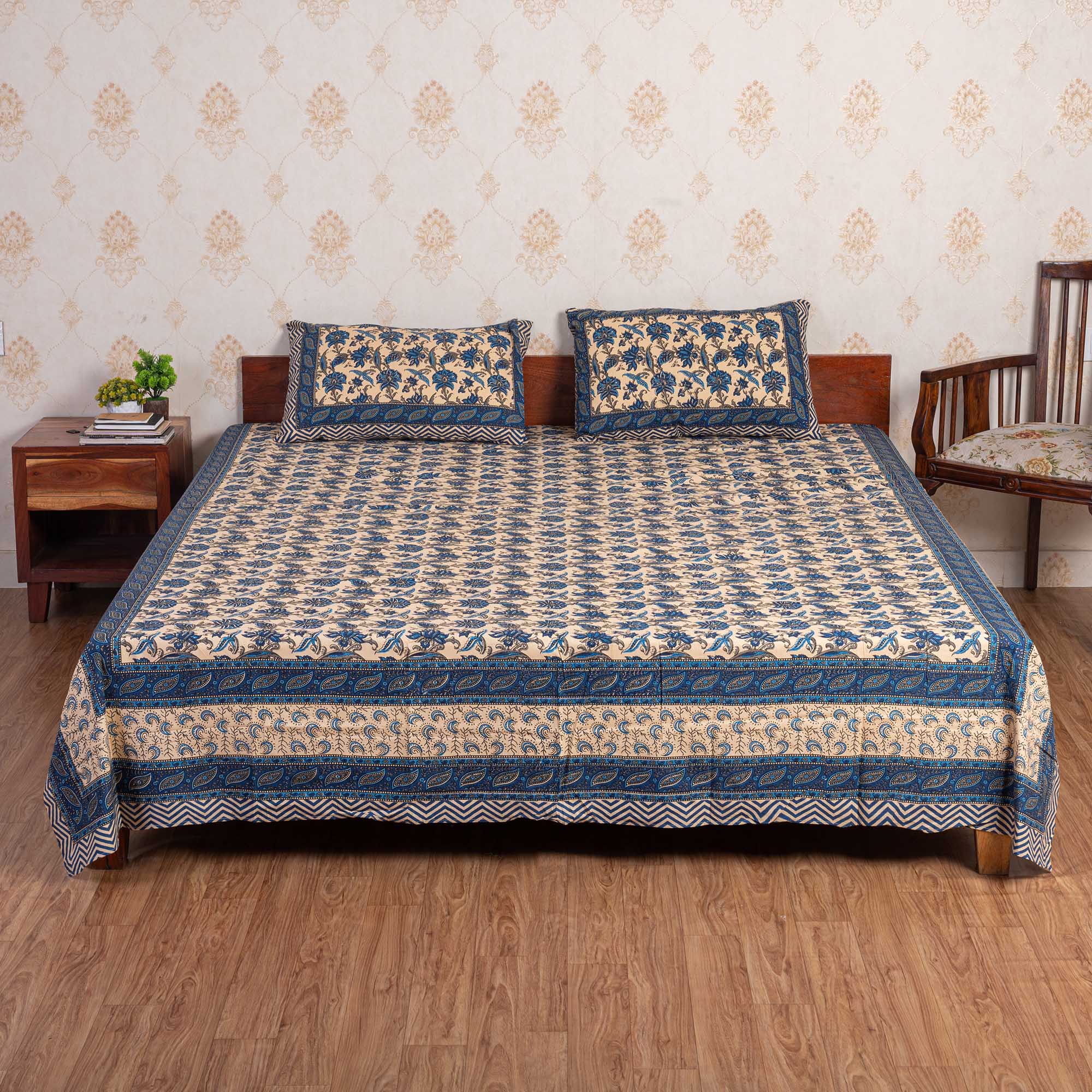 Cotton Queen Size Bedsheet - Electric Blue Floral Jaal
