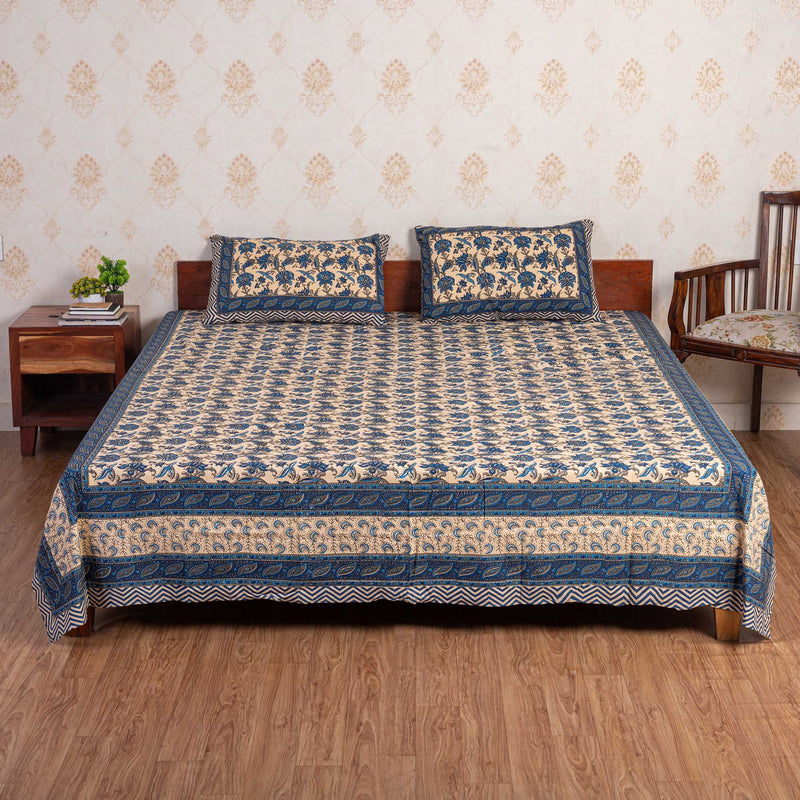 Cotton Queen Size Bedsheet - Electric Blue Floral Jaal