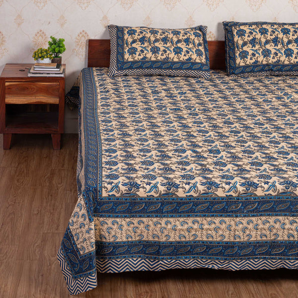 Cotton Queen Size Bedsheet - Electric Blue Floral Jaal