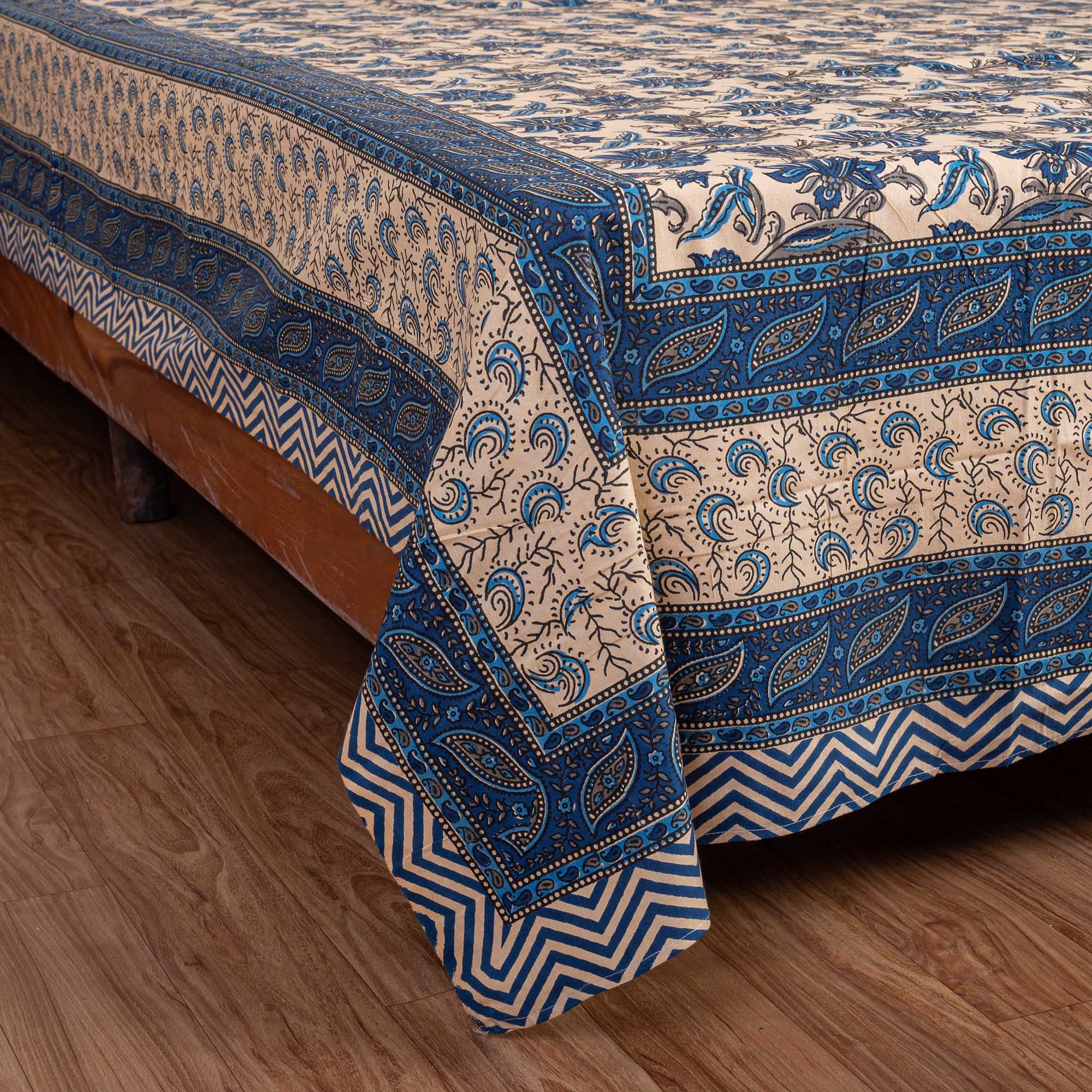 Cotton Queen Size Bedsheet - Electric Blue Floral Jaal