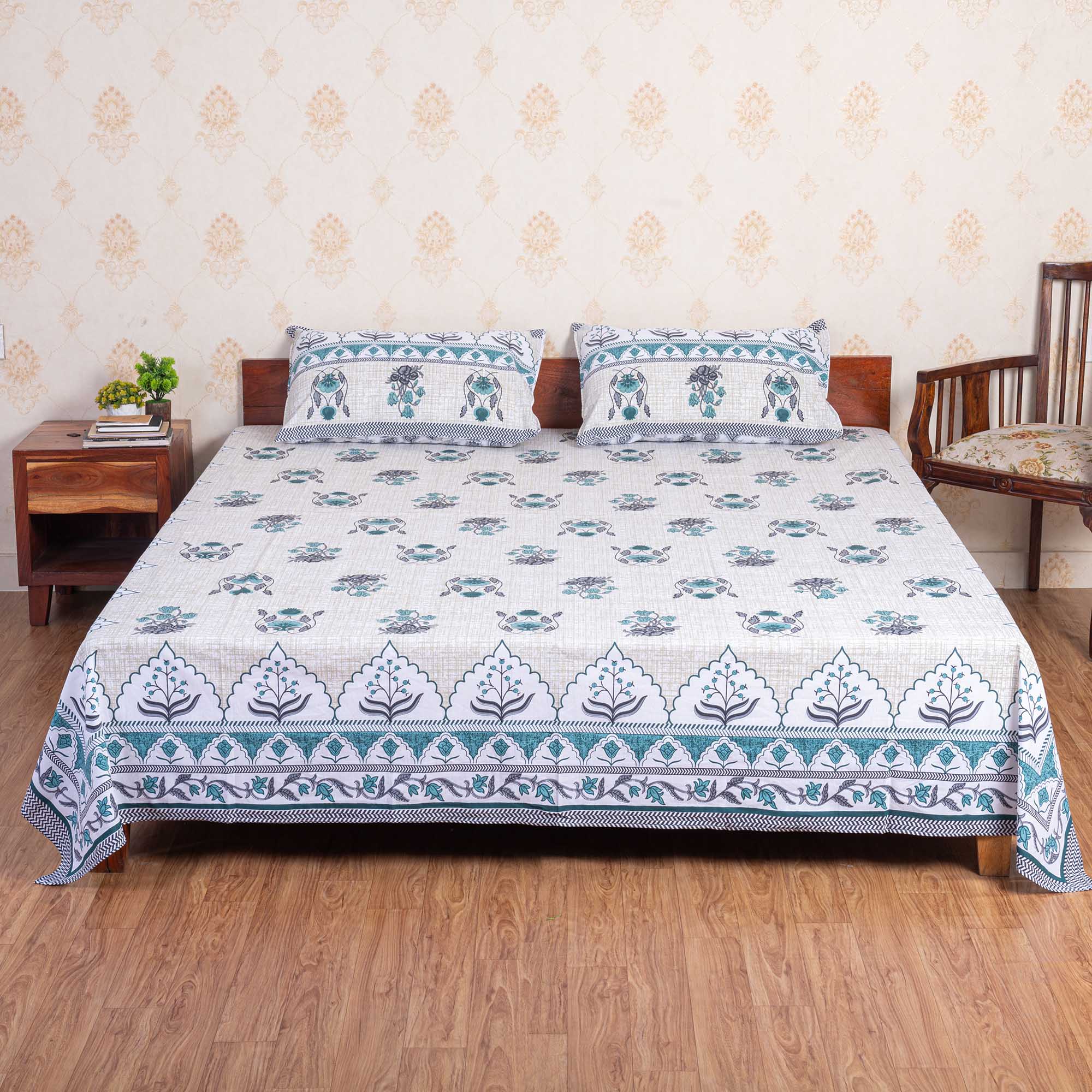 Cotton Queen Size Bedsheet - Blue Floral Bliss