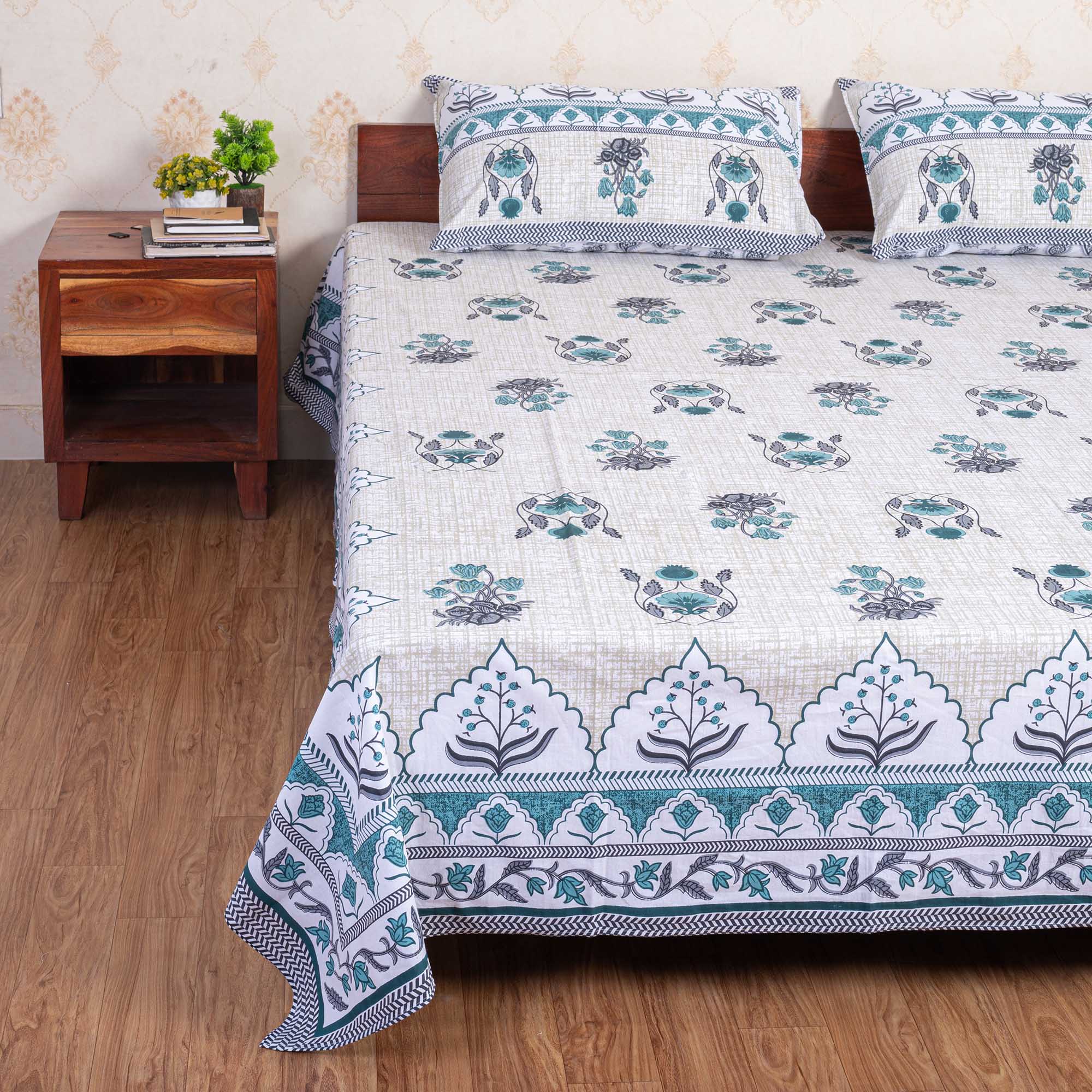 Cotton Queen Size Bedsheet - Blue Floral Bliss