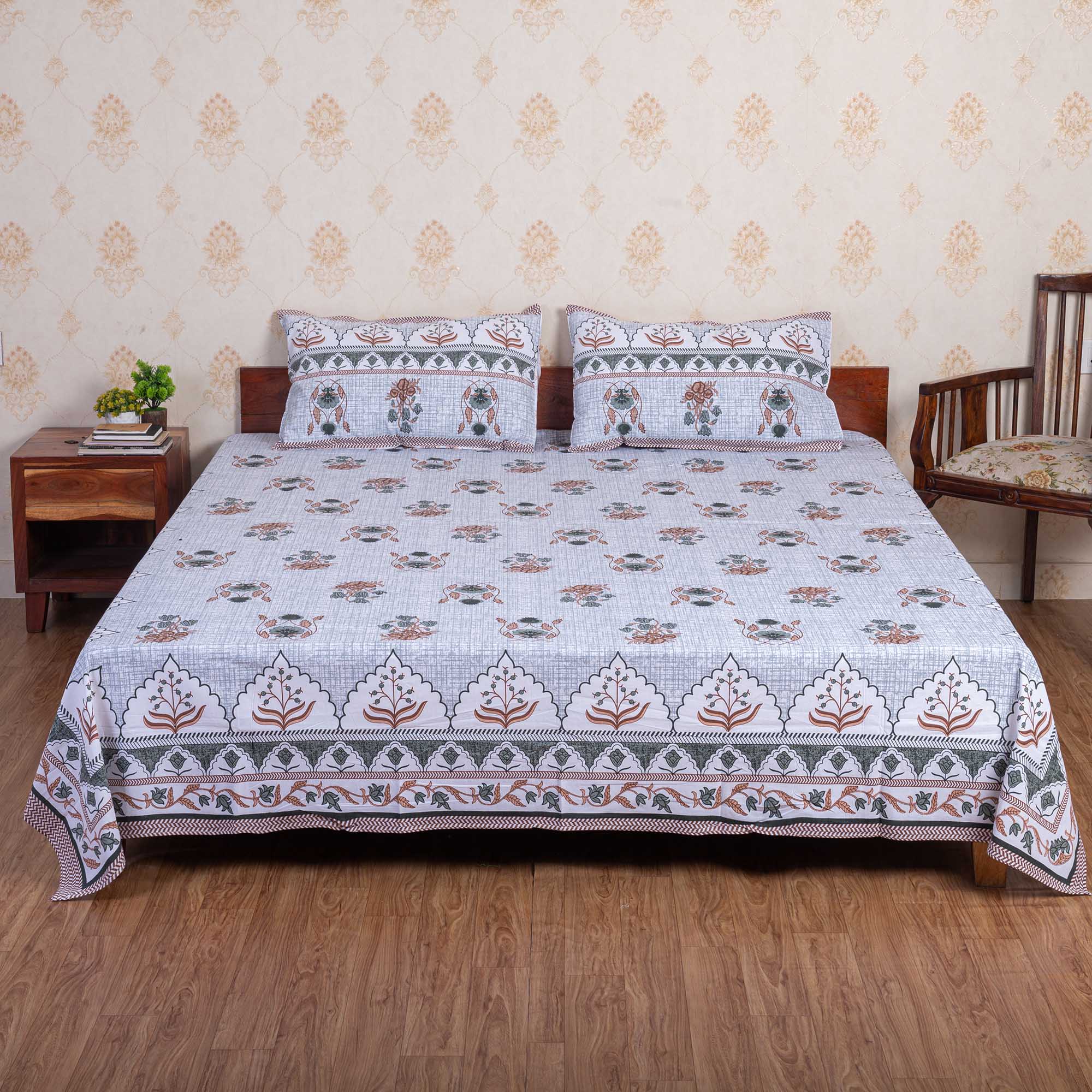 Cotton Queen Size Bedsheet - Light Orange Motifs
