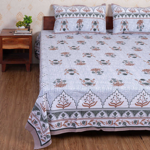 Cotton Queen Size Bedsheet - Light Orange Motifs