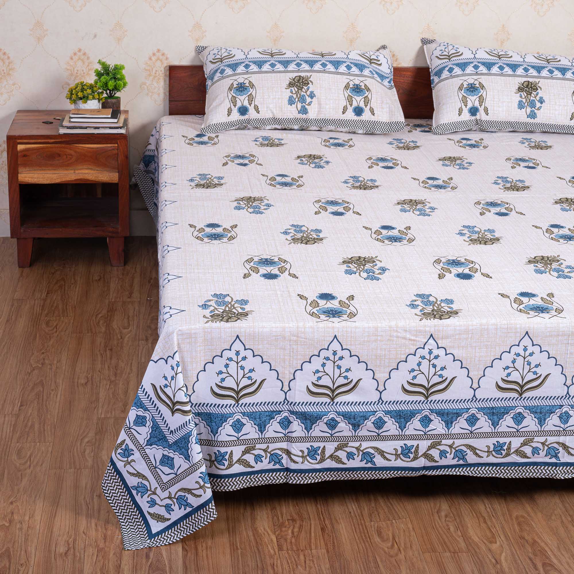 Cotton Queen Size Bedsheet - Blue Green Booti