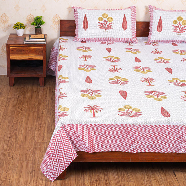 Cotton Queen Size Bedsheet - Pink Leaf Print