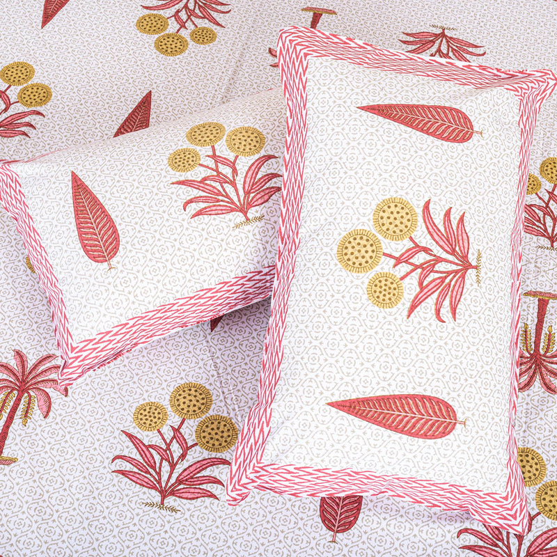 Cotton Queen Size Bedsheet - Pink Leaf Print
