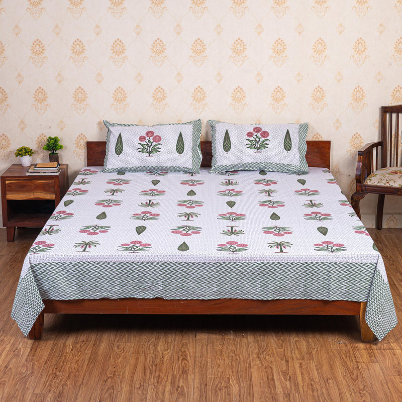 Cotton Queen Size Bedsheet - Green Leaf Print