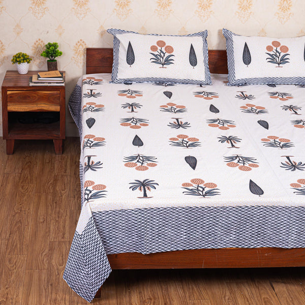 Cotton Queen Size Bedsheet - Dark Grey Leaf