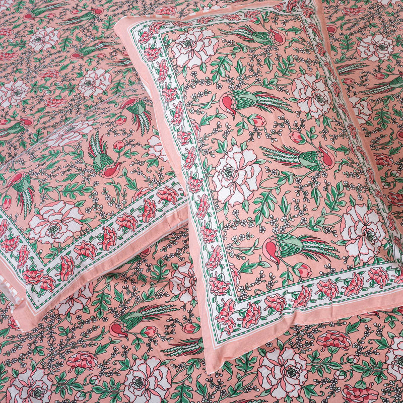 Cotton Queen Size Bedsheet - Rose Pink Floral Jaal
