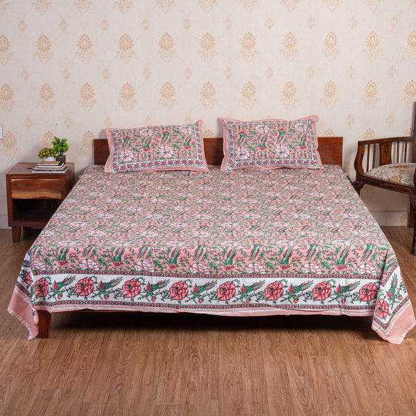 Cotton Queen Size Bedsheet - Rose Pink Floral Jaal