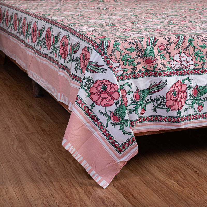 Cotton Queen Size Bedsheet - Rose Pink Floral Jaal
