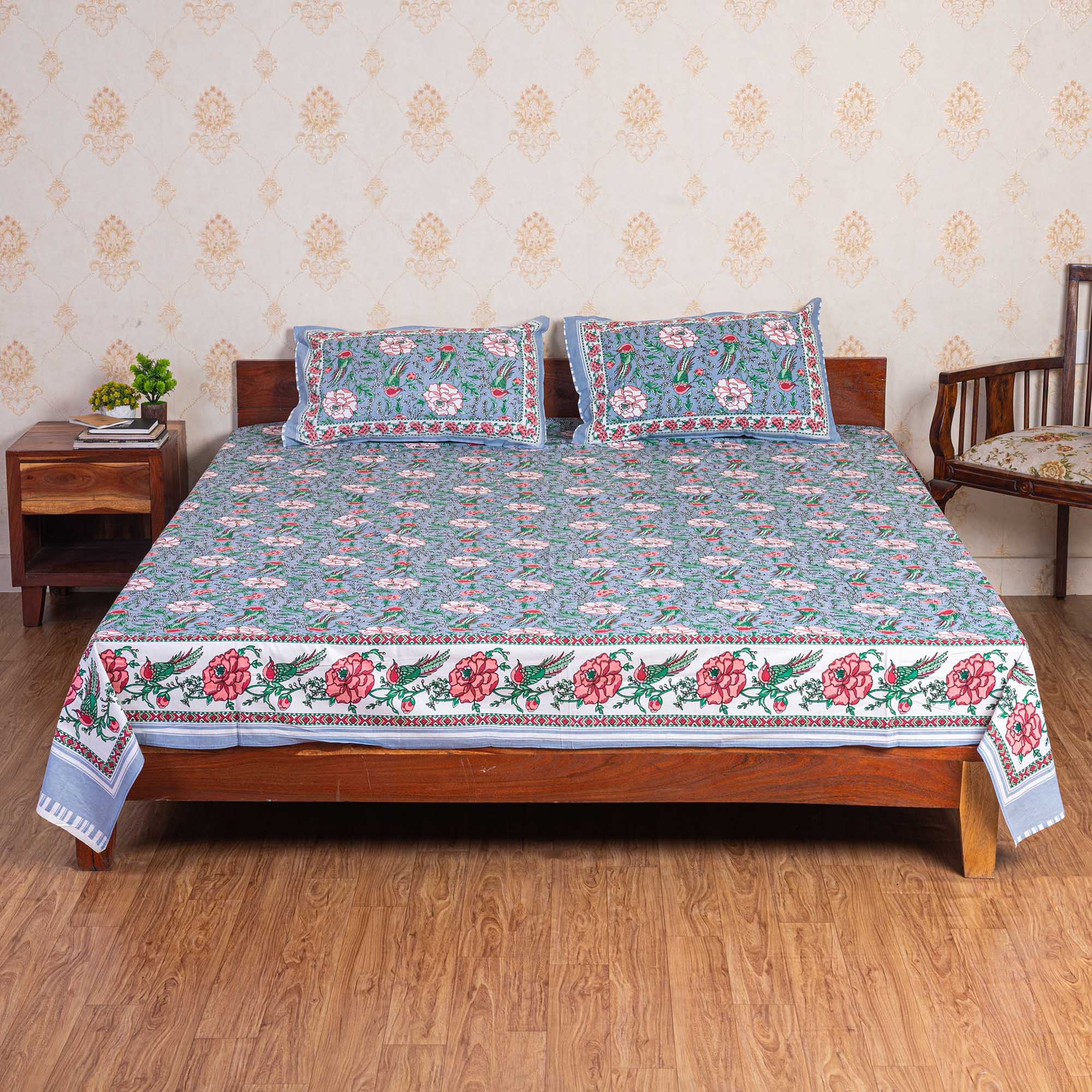 Cotton Queen Size Bedsheet - Pink Peacock