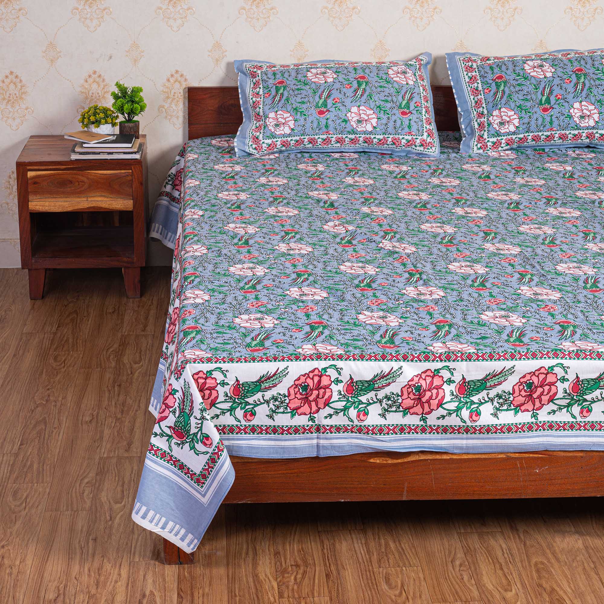 Cotton Queen Size Bedsheet - Pink Peacock