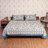 Cotton Queen Size Bedsheet - Blue Paisley Floral Jaal