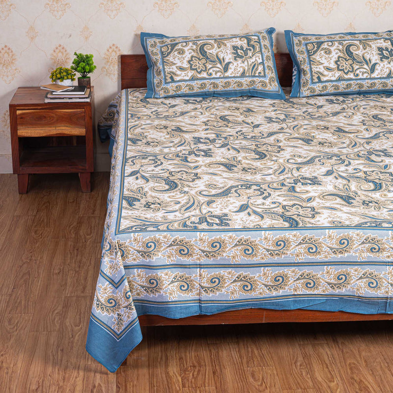 Cotton Queen Size Bedsheet - Blue Paisley Floral Jaal