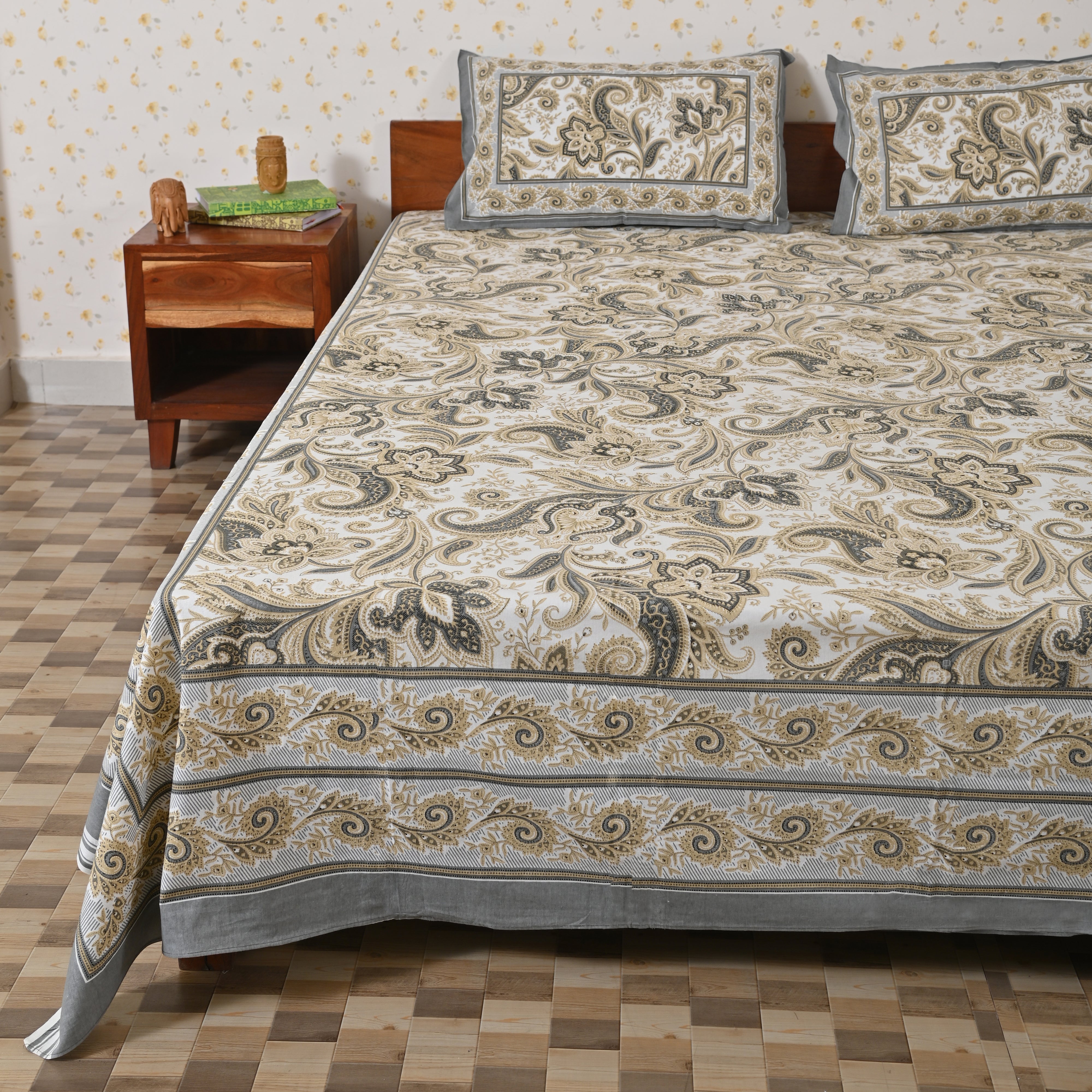 Cotton Queen Size Bedsheet - Grey Paisley Floral Jaal