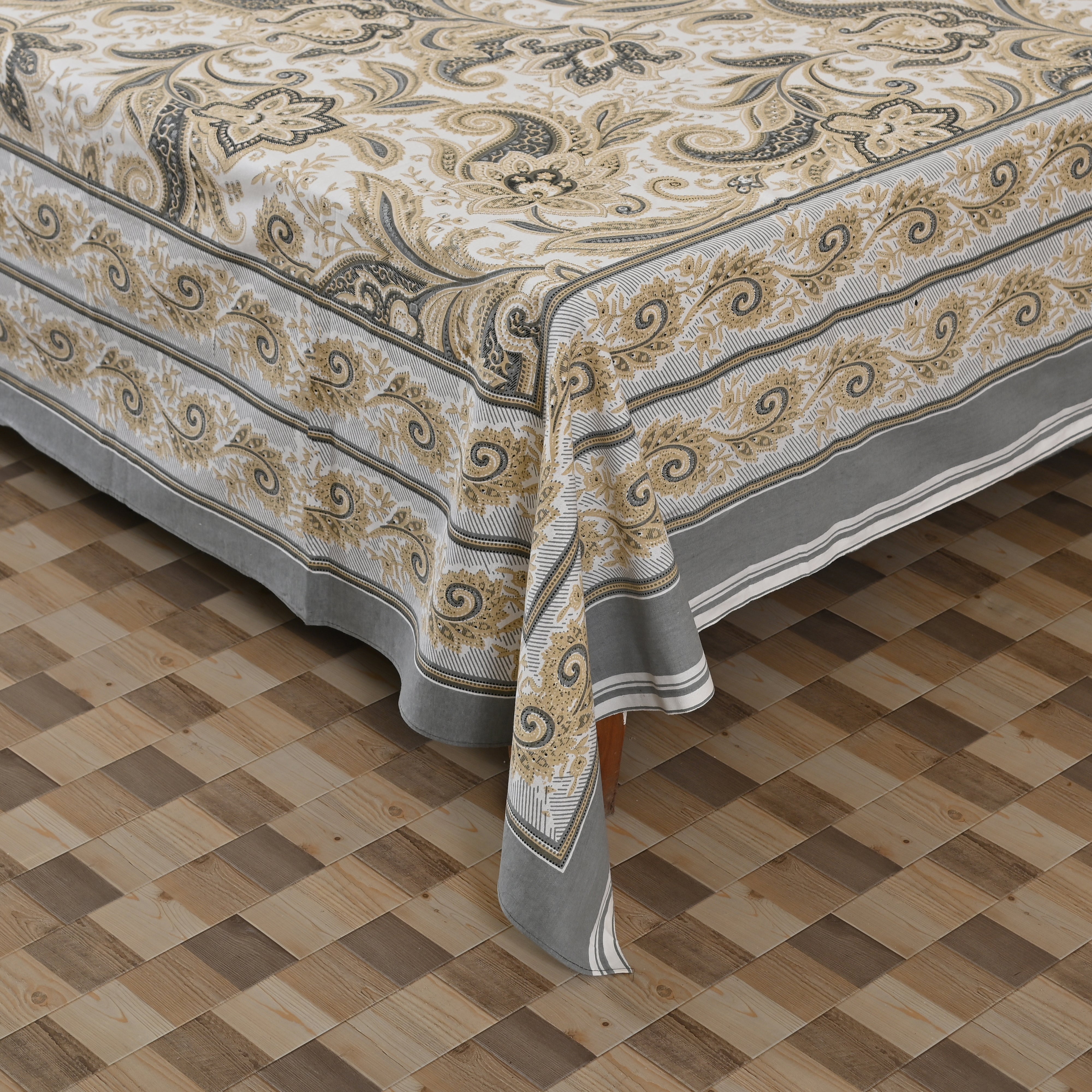 Cotton Queen Size Bedsheet - Grey Paisley Floral Jaal
