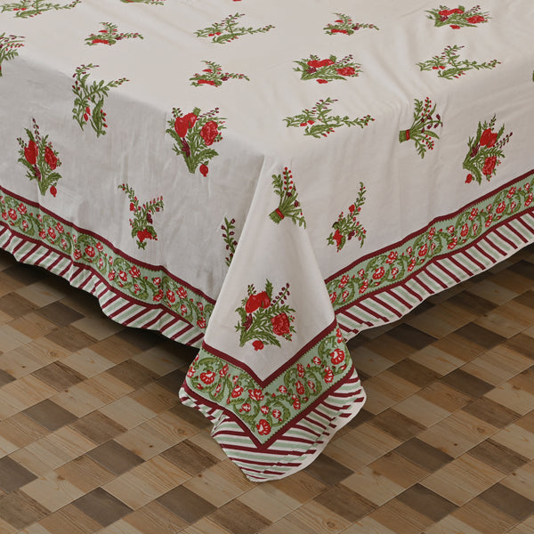 Cotton Queen Size Green-Red Bedsheet - Pomegranate Booti
