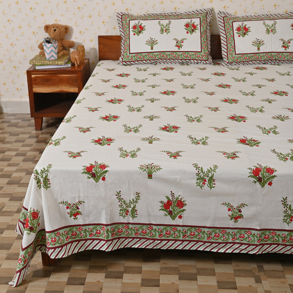 Cotton Queen Size Green-Red Bedsheet - Pomegranate Booti
