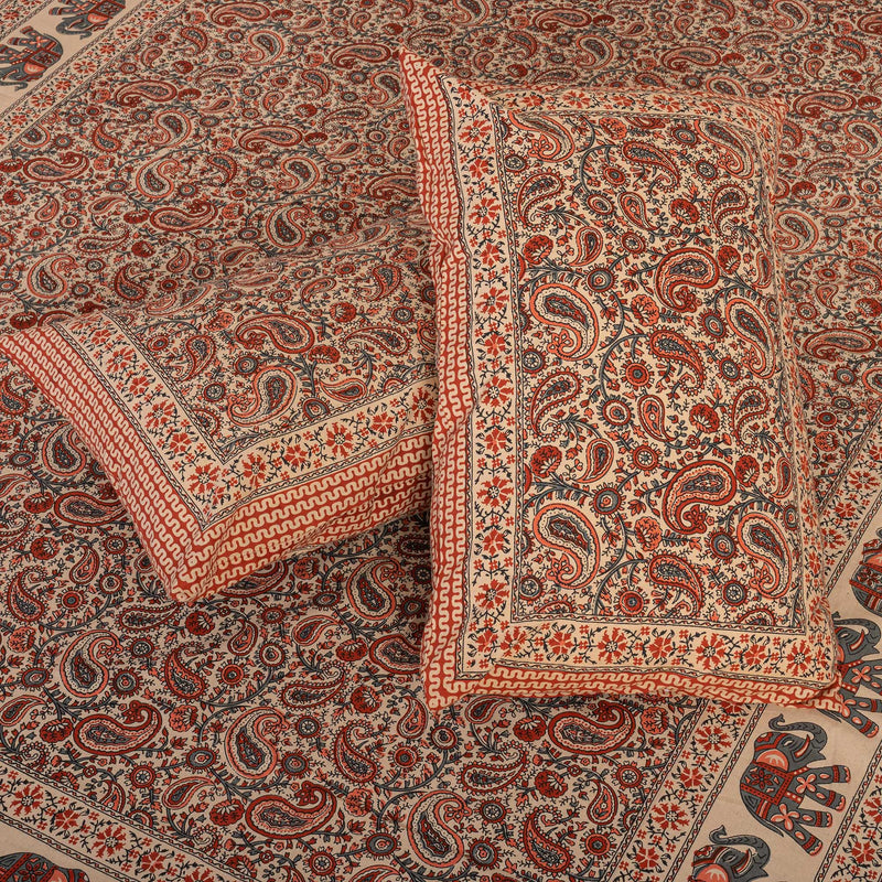 Cotton Queen Size Bedsheet - Orange Elephant Print