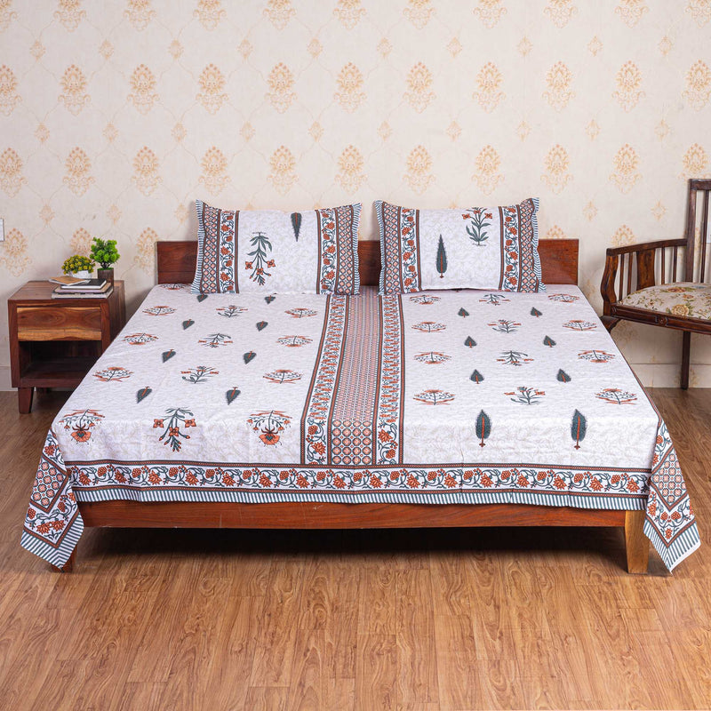 Cotton Queen Size Bedsheet - orange Leaf Booti