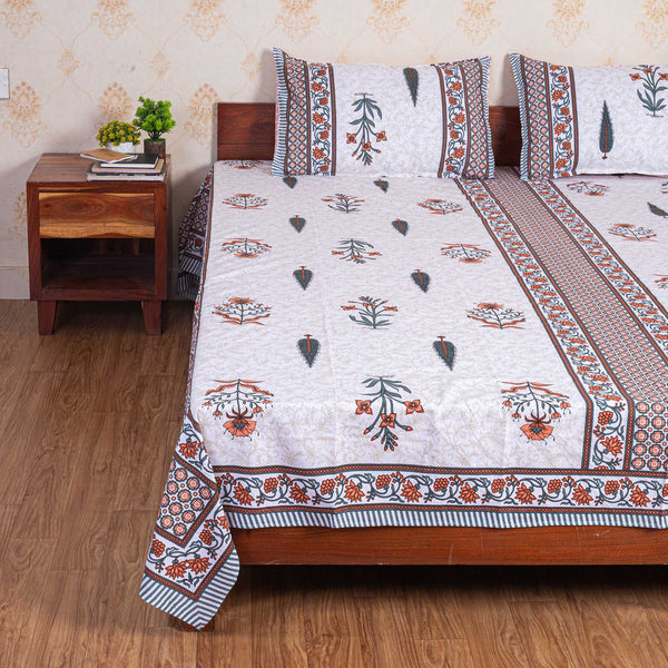 Cotton Queen Size Bedsheet - orange Leaf Booti